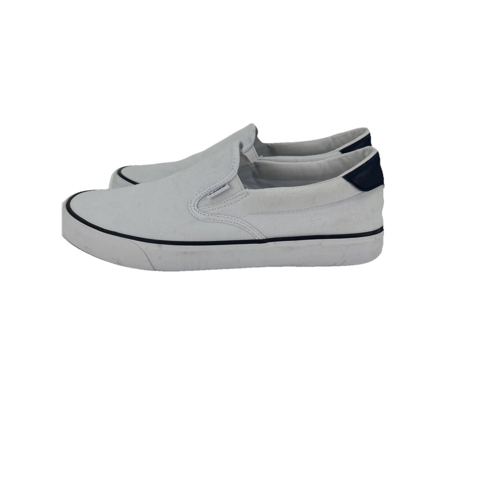 Lugz Clipper Mens White‎ Canvas Slip On Sneakers Navy Blue Accents Loafers